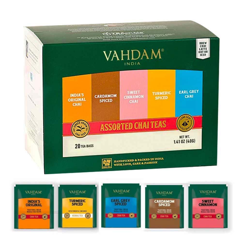VAHDAM, Assorted Chai Tea Sampler Gift Set (5 Flavors, 20 Count) Gluten Free & Non GMO | Indian Masala Chai Tea Blends | Long Leaf Chai Tea Bags Variety Pack | Tea Variety Pack | Gifts for Women & Men