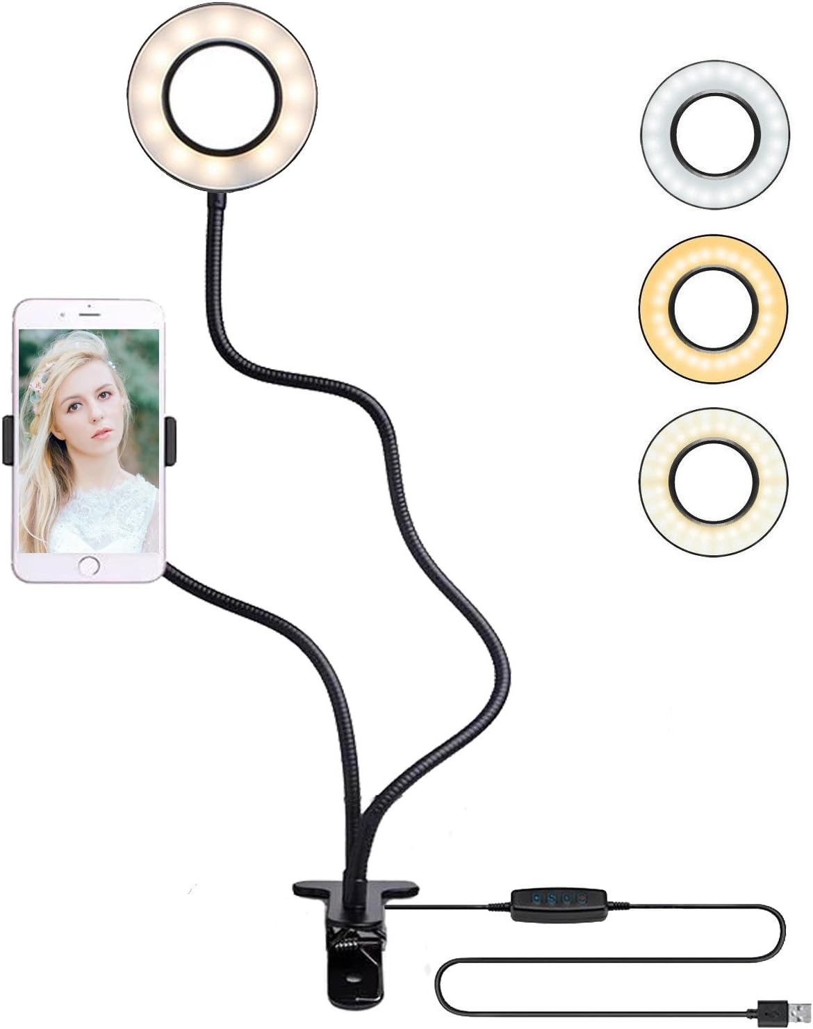 Selfie Ring LED Light with Cell Phone Holder Stand for Live Stream and Makeup, HFAN LED Camera Light [3-Light Mode] [10-Level Brightness] With Flexible Long Arms for iPhone, Android Phone