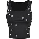 SweatyRocks Women's Rhinestone Square Neck Crop Tops Slim Fit Rib Knit Casual Tank Top
