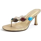 BOEGBNW Women's Jeweled stiletto Flip Flops Sexy Slip on Comfortable heel Strappy Thong Sandals Summer Round open toe wedding party dress mules