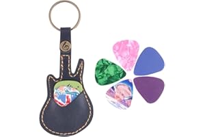 KingPoint Leather Guitar Pick Case Keychain Holder - Plectrums Bag With 5Pcs Picks Gift (Black)