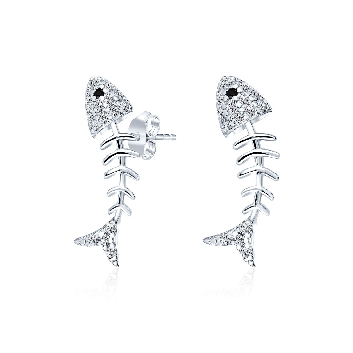 Nautical Tropical Beach Vacation Cubic Zirconia Pave CZ Small Fishbone Stud Earrings For Women Teen .925 Sterling Silver