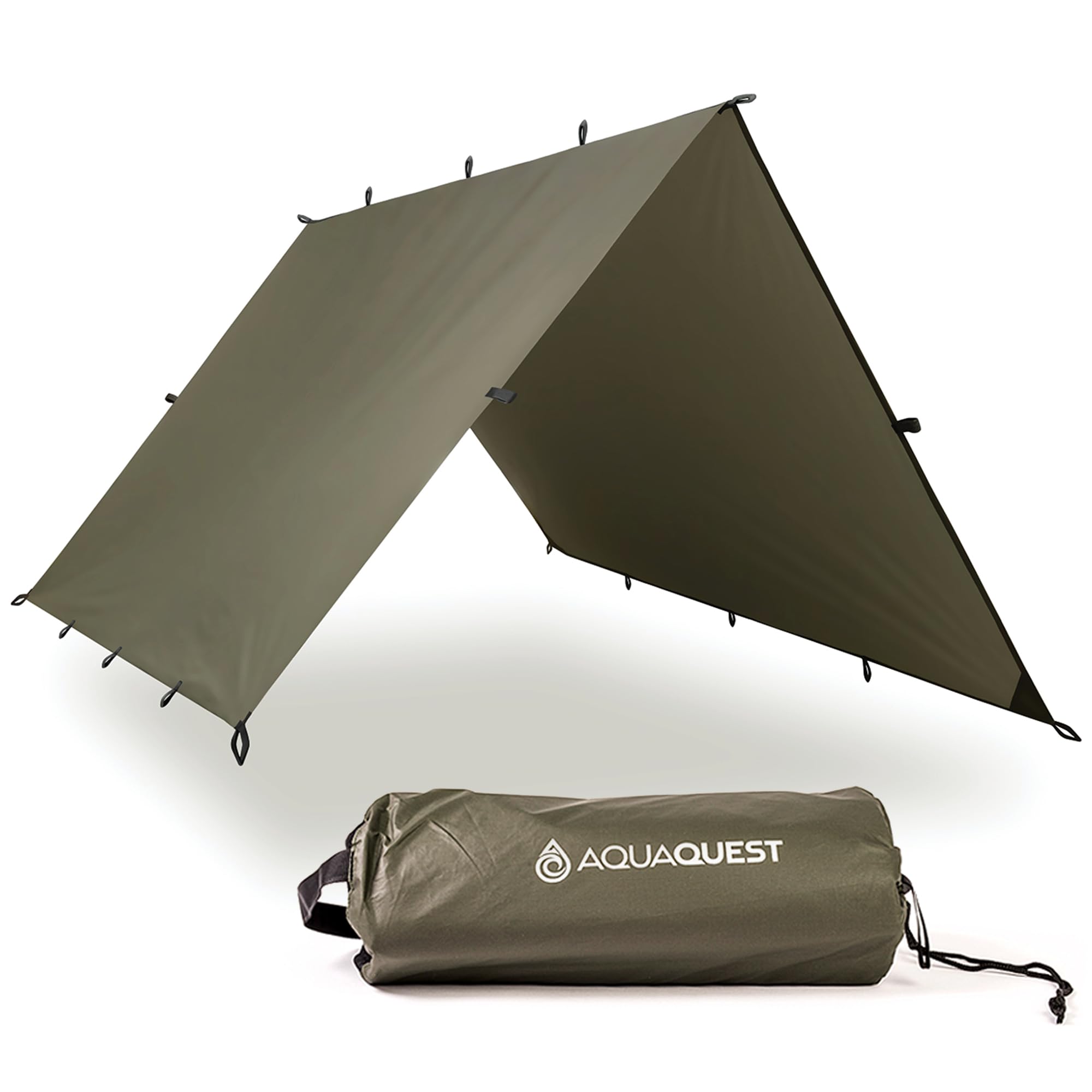 Aqua Quest Defender Tarp - 100% Waterproof Heavy Duty Bushcraft Survival Shelter - Olive Drab, 4 x 3 m