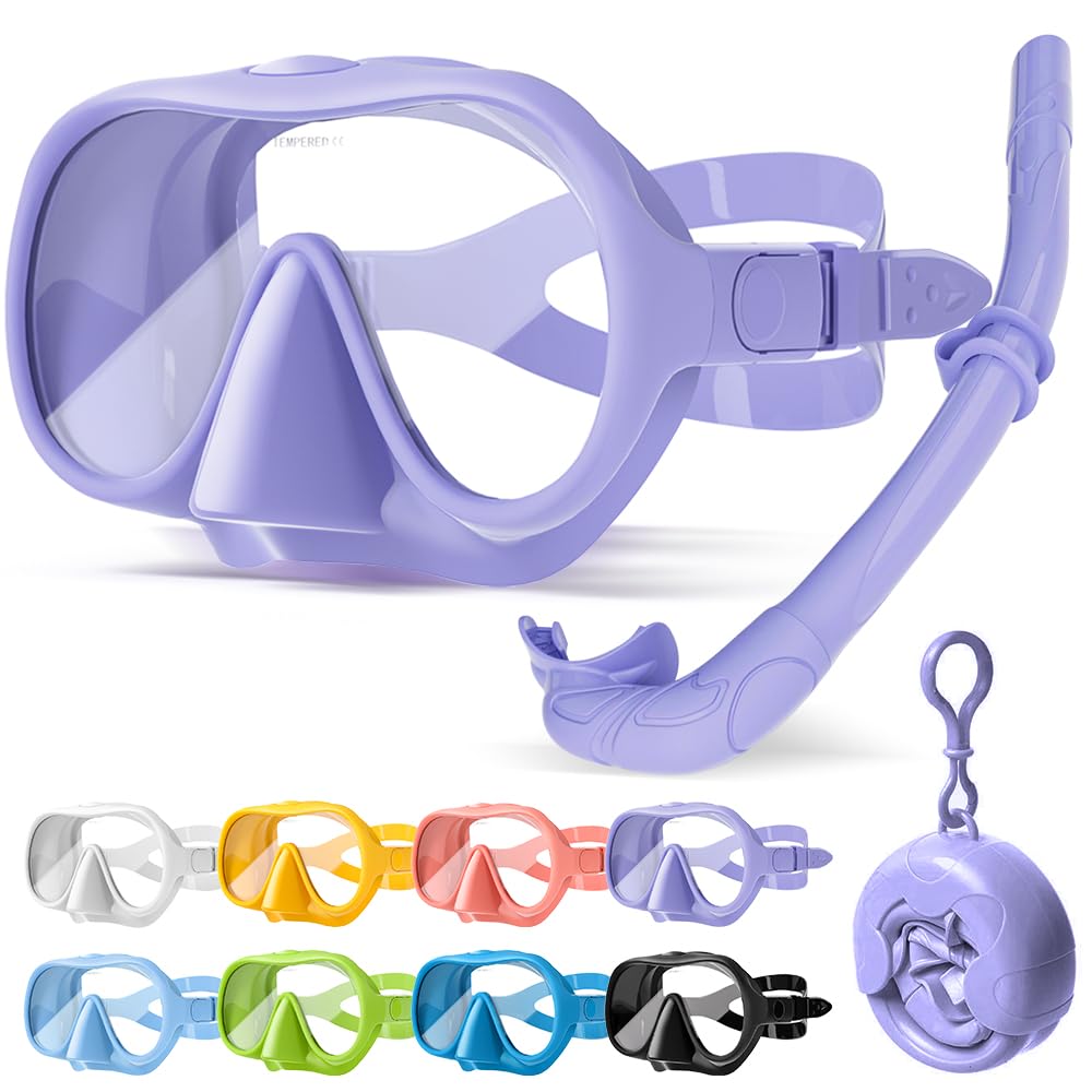 HINATAA Snorkel Set Adults, Fashionable Macaron Colors Frameless Snorkeling Mask, Ultra Wide View Anti-Fog Snorkel Mask Set, Portable Professional Diving Snorkeling Set (Purple)