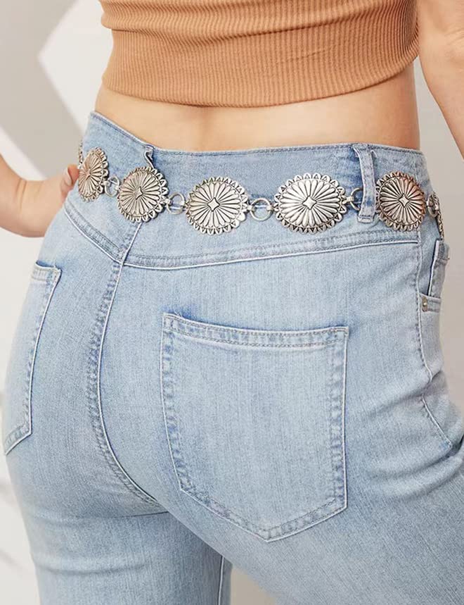 TOPACC Western Metal Concho Belt for Women Cowgirl Chain Belts for Dresses Jeans Country Concert Outfit