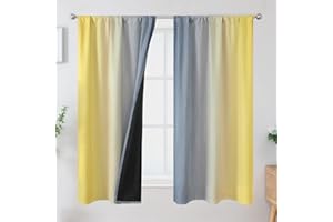 Estelar Textiler Grey and Yellow Blackout Curtains for Bedroom, Light Blocking Two Tone Gradient Drapes with Wave Line Pattern, Room Darkening Rod Pocket Ombre Curtains for Boys Room,42Wx63L,2 Panels