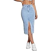 Womens Denim Pencil Skirts Mid Long High Waist A line Midi Jean Skirt Split Hem Skirts for Ladies.