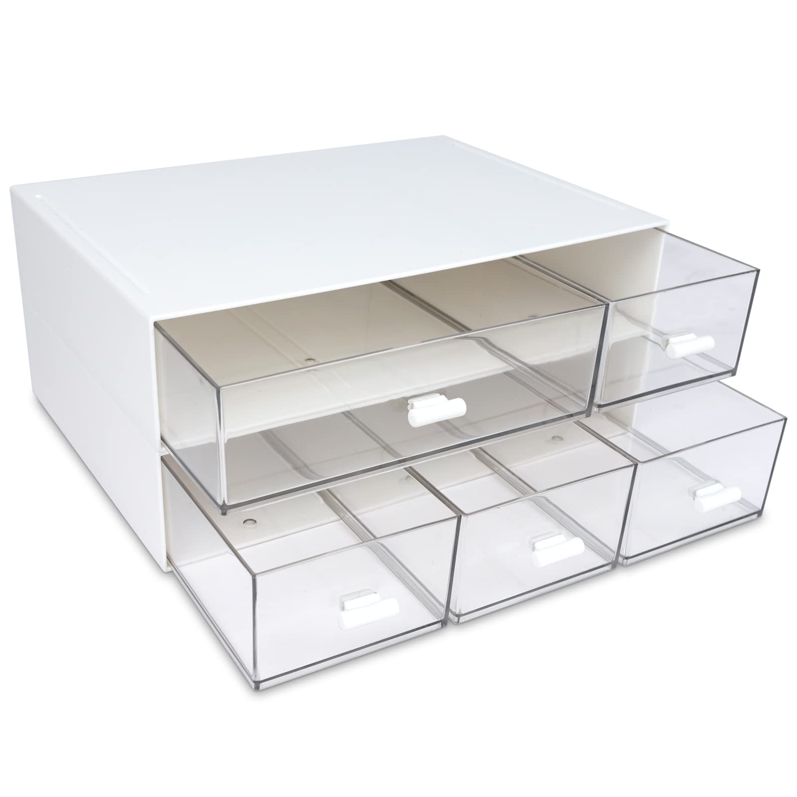 Desktop Organizer with 5 Drawers, BOJVESH 2 Tier Stackable Desk Storage Box, Stationary Organiser Desk Organizer for Office Supplies, Home Storage