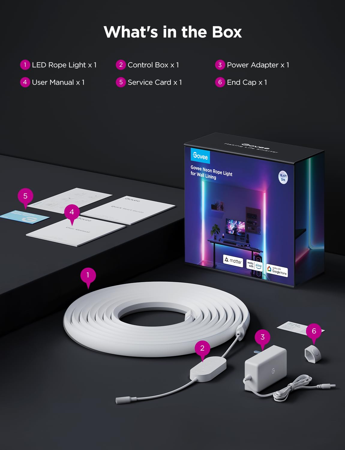 Govee Neon Rope Light for Wall Lining, LED Rope Lights Work with Matter, Google Assistant, Alexa, 16.4ft RGBIC Strip Lights with Smart App Control and Music Sync for Living Room, Bedroom, Wall Corners