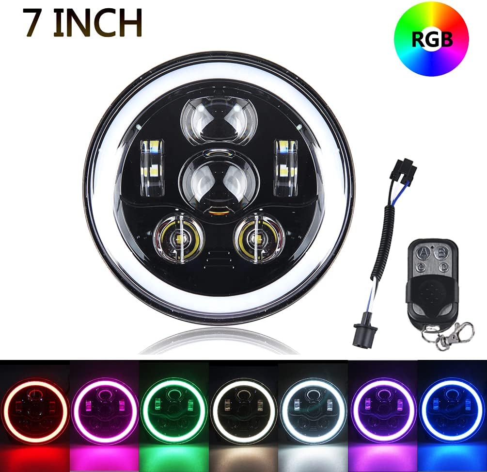 ROCCS Harley 7" RGB LED Halo Headlight, Dot Approved 7inch Headlamp fits Motorcycle Tour FLD Softail Heritage Softail Street Glide Electra Glide Road King Yamaha V-Star Road Star Wrangler