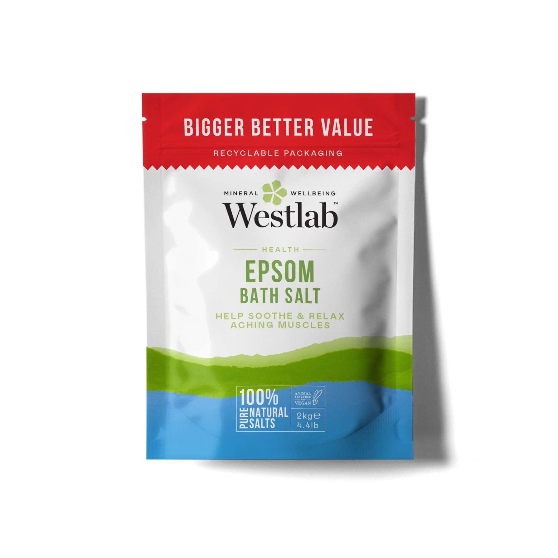 Westlab - Reviving Epsom Salt - 2kg Resealable Pouch - 100% Natural, Pure & Unscented Mineral Salts - Supports Sleep and Relieves Aching Muscles