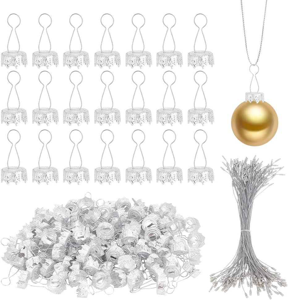 Ornament Hooks - WEBEEDY 120pcs Ornament Topper Caps Round Christmas Ornament Caps Silver Ornament Hanger Replacement with Hanger Strings Set for Christmas Tree Decorations
