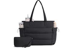 LOVEVOOK Tote Bag for Women with Giant Tumbler Holder Pocket, Puffer Work Travel Laptop Handbag with Zipper for Nurse Teacher