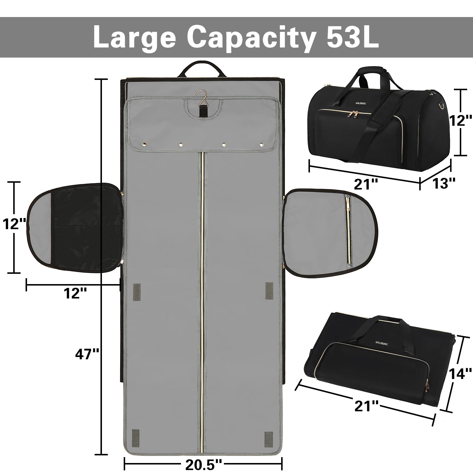 SOLOSAIC Garment Bags for Travel, Convertible Garment Duffle Bag with Shoulder and Backpack Straps for Men Women, 3 in 1 Suitcase Suit Travel Bag with 2 Shoes Cover for Wedding Weekend Work Trip
