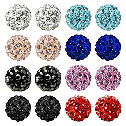 Value Pack, Bling Bling Rhinestones Crystal Fireball Disco Ball Ball Stud Earrings, Stainless Steel, Hypoallergenic (Set A. 6mm x 8 Pairs (All Colors))