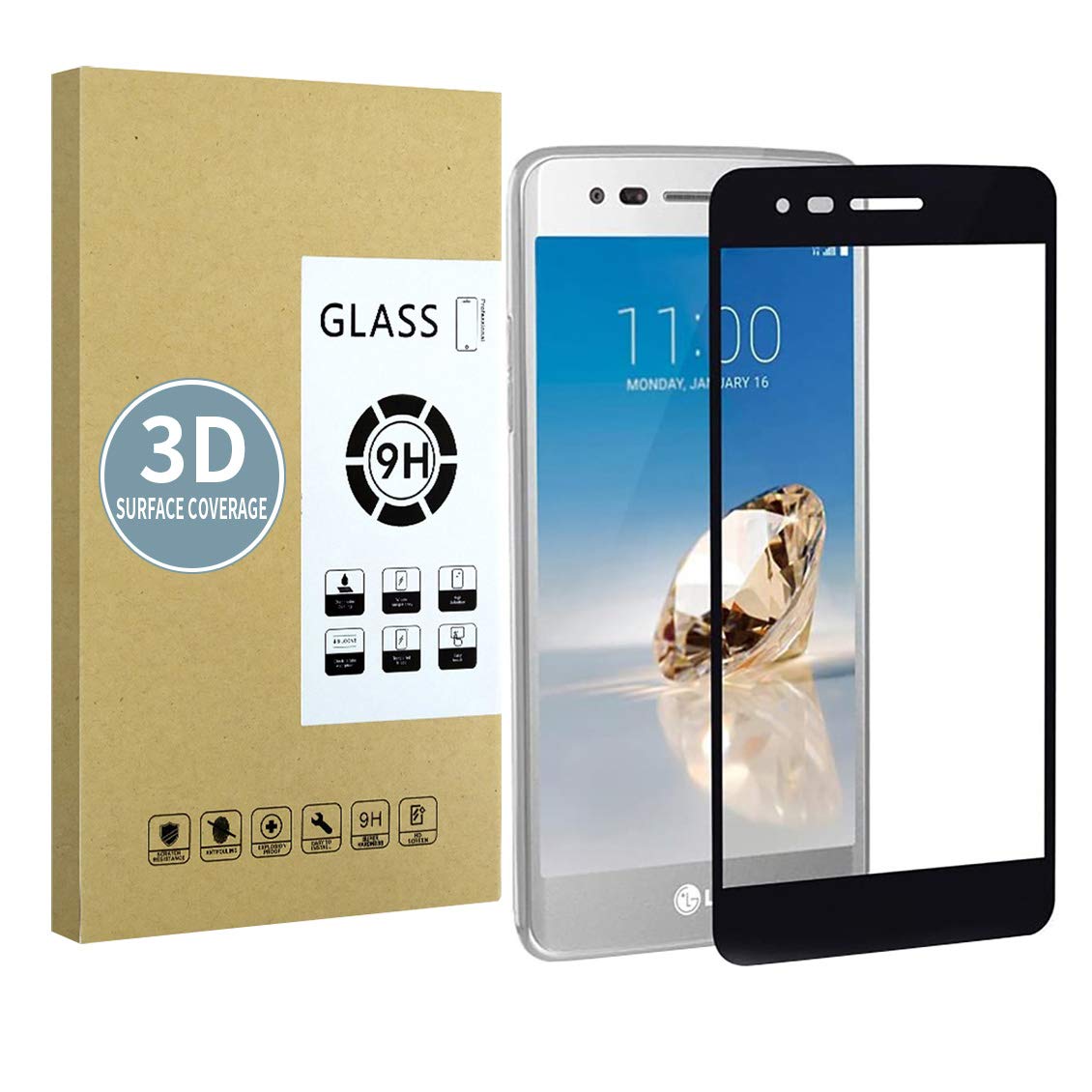 E-Hamii Screen Protector compatible with LG K8 2017 [Black],[High Definition][Anti Scratch],3D Tempered Glass,[Sensitive Response][ Bubble-free Installation]