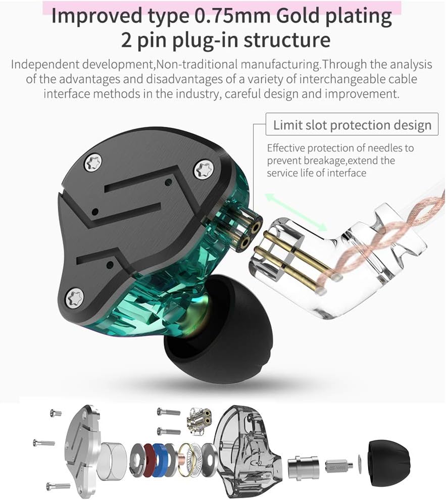 Andiker KZ ZSN-C Quad Driver Earphones DD+BA Hybrid Technology Electronic Crossover Wired Headset, Detachable Cable Heavy Bass Stereo in-Ear Earbuds with Storage Box (ZSN-C No mic, Cyan): Home Audio & Theater