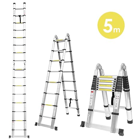 FEMOR 5M Alu Teleskopleiter Anlegeleiter mit erweiterter Grundlage Aluleiter Sprossenleiter Schiebeleiter Klappleiter (5M mit