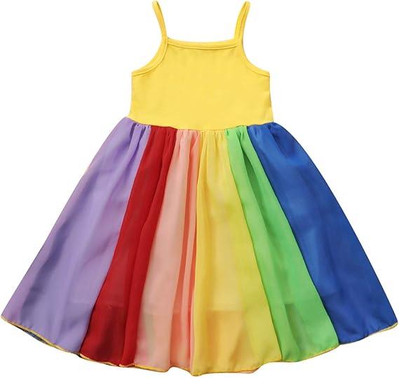 Amazon Co Jp 幼児の赤ちゃんの女の子のドレスノースリーブの夏の服装レインボープリントサスペンダープリンセスドレスストラップサンドレスドレス 服 ファッション小物