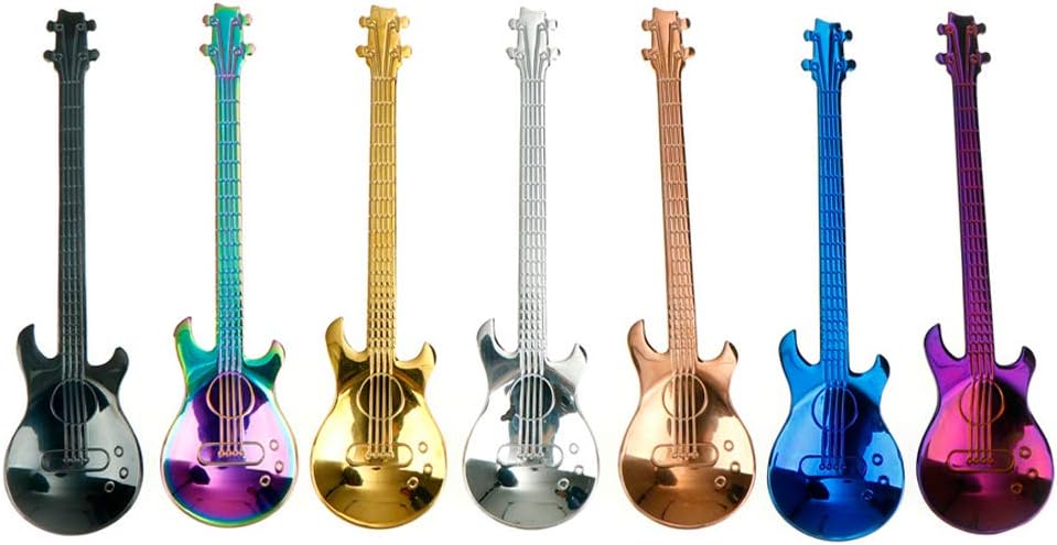 DatingDay 7 Pack Musical Stainless Steel Coffee Spoon with Guitar Pattern,Ice Cream Teaspoon Tableware with Rainbow, Black, Blue.Color