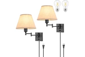 TRLIFE Wall Sconce Plug in, Dimmable Wall Sconces Set of Two Swing Arm Wall Lights with Plug in Cord and On/Off Dimmer Rotary Switch, 9.4" Medium Beige Fabric Shade(2 Pack, 2 Bulbs)