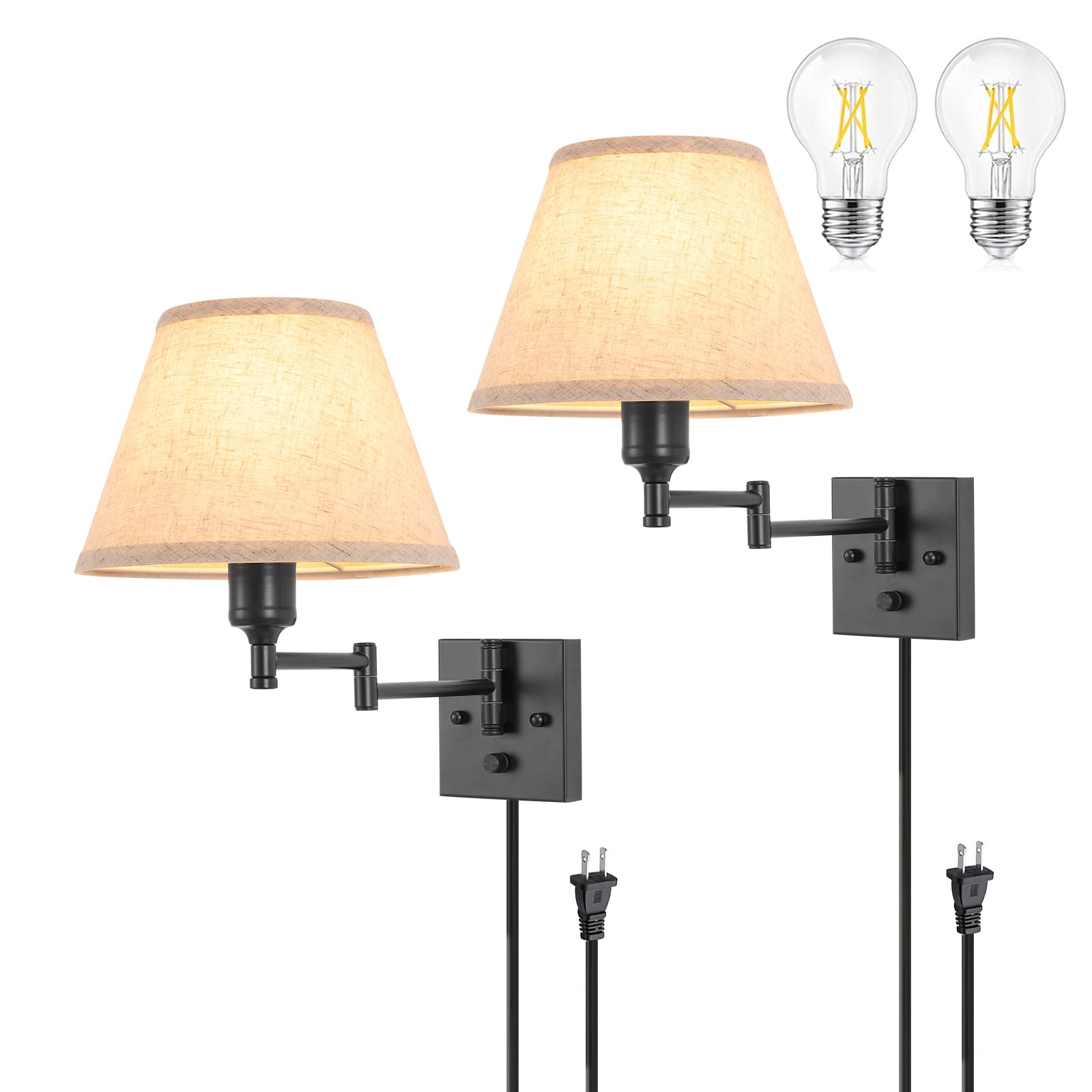 Photo 1 of TRLIFE Wall Sconce Plug in, Dimmable Wall Sconces Set of Two Swing Arm Wall Lights with Plug in Cord and On/Off Dimmer Rotary Switch, 9.4" Medium Beige Fabric Shade(2 Pack, 2 Bulbs)