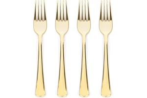 Prestee Set of 300 Gold Plastic Forks Disposable - 7-in Heavy-Duty Fork Flatware - Bulk Pack Fancy Silverware - Sturdy Elegan