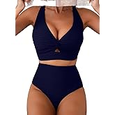 Herseas Women's Textured Bikini Sets Twist Front Top Swimsuits High Waisted Bathing Suits