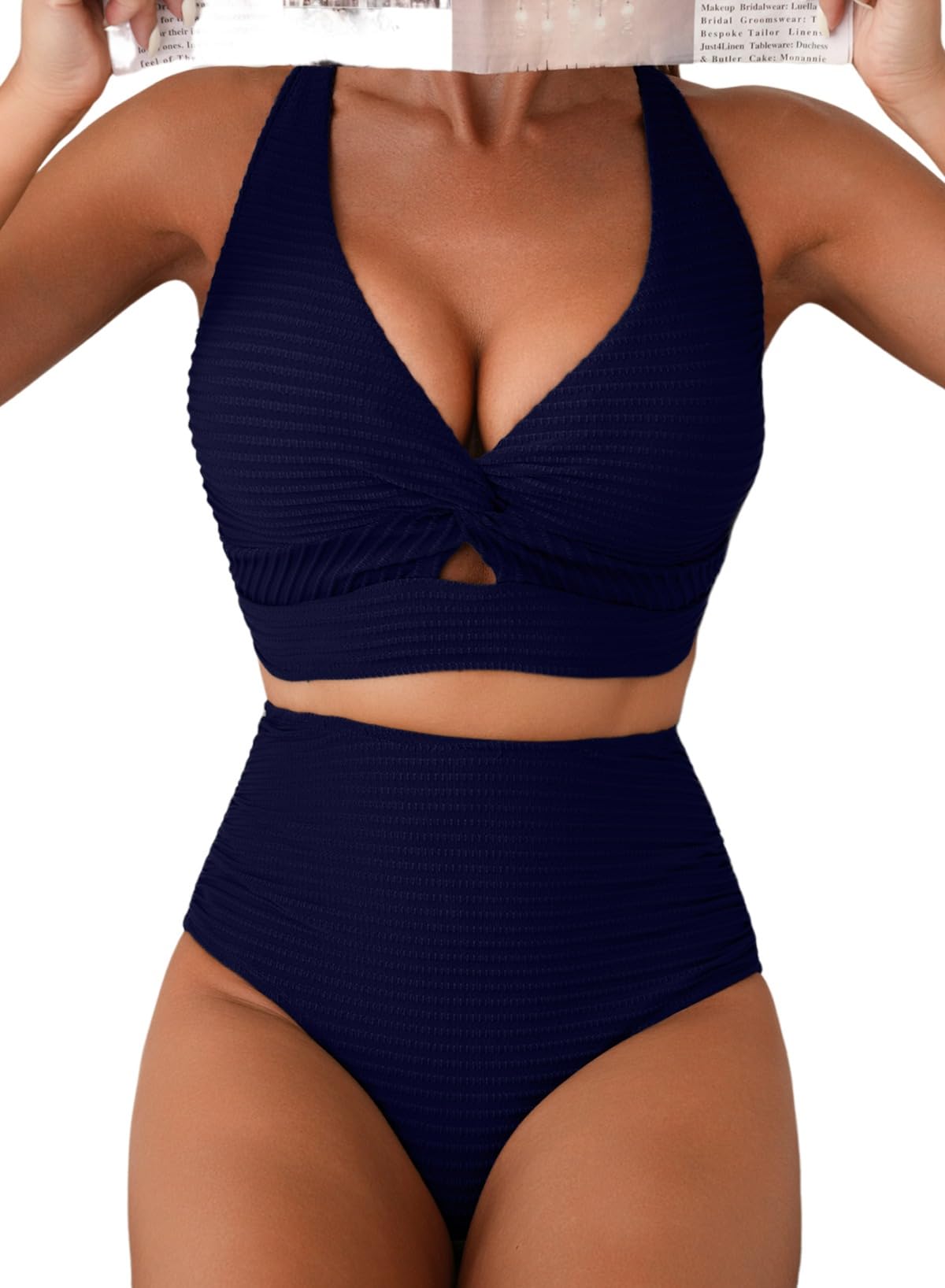 Photo 1 of Herseas Textured Bikini Sets for Women Twist Front V Neck Top Swim Suits 2026 Navy Blue High Waisted Slimming Bathing Suits Summer Swimwear Sexy Beach Vacation Clothes for Teens X-Large