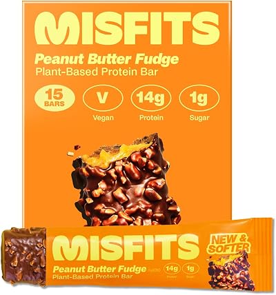 Misfits Vegan Protein Bars Peanut Butter Fudge 14g Protein 1g Sugar Pack of 15