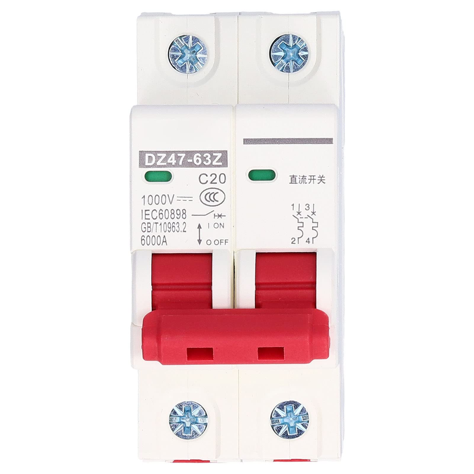 Miniature Circuit Breaker, 2P DC 1000V 40A Solar PV System Isolator DZ47‑63Z C40 DIN Rail Mount Disconnect Switch (20A)
