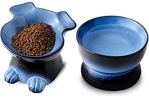 Nihow Elevated Ceramic Dog Bowls: Medium/Small Size - Food Safe Raised Puppy Bowls - Vivid Blue Pet Bowl for Protecting Pet's Spine (Set of 2)