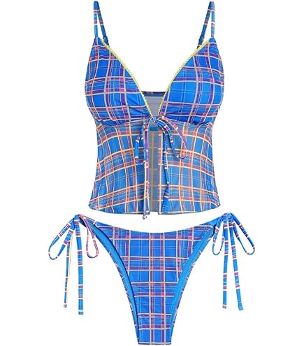 Amazon.com: CIDER V-Neck Gingham Bowknot Lettuce Trim Tankini