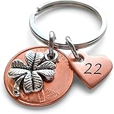 Custom Penny Keychain With Clover Charm and Copper Heart Charm Anniversary Gift, Husband Wife Key Chain, Boyfriend Girlfriend Gift, Couples Keychain