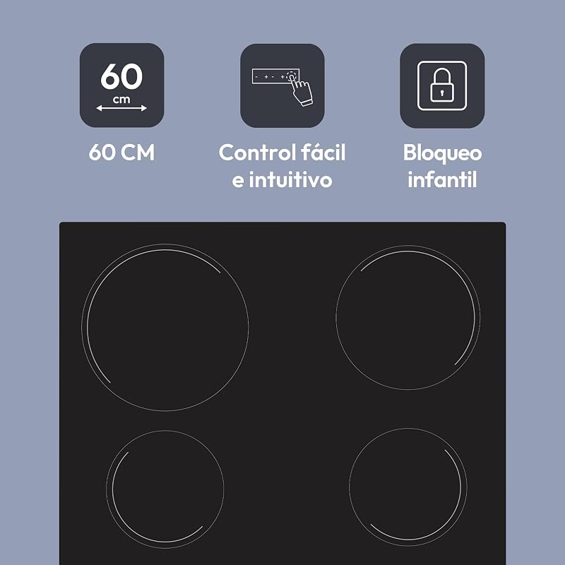 Candy Idea CH64CCB 4U2 Placa Cerâmica 4 Queimadores, 60CM, 10 Níveis de Potência, 6.5KW, Controles Centrais, Indicador de Calor, Bloqueio de Segurança, Superaquecimento e Alerta de Derramamento, Preto