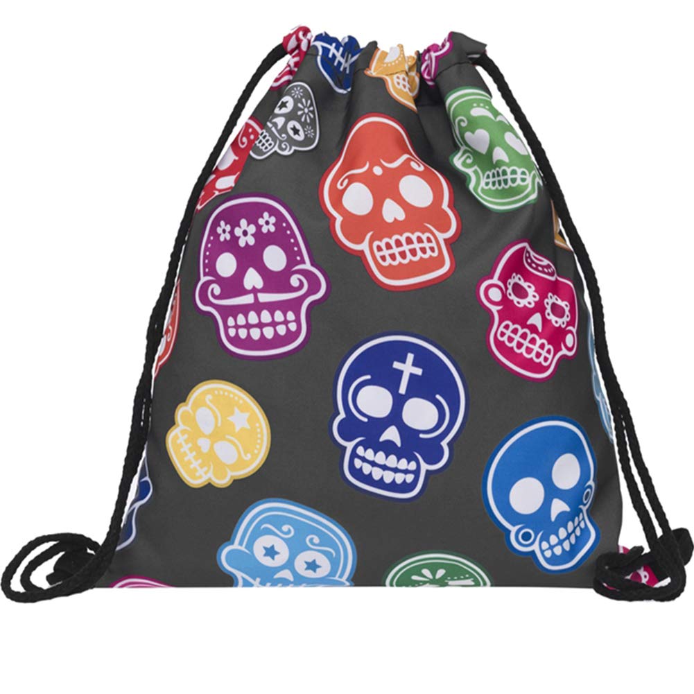PREMYO Drawstring Gym Bag Backpack Quote Print Skulls Rucksack for School Sports Travel Women Children Birthday Present