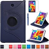 AiSMei Tab 4 8.0 Case, Rotating Stand Case For Samsung Galaxy Tab 4 8.0 SM-T330NU SM-T331, SM-T337 8-Inch Tablet PC, 8inch PU Leather Case + Bonus Stylus + Screen Protector - Navy Blue