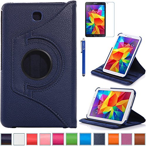 AiSMei Tab 4 8.0 Case, Rotating Stand Case For Samsung Galaxy Tab 4 8.0 SM-T330NU SM-T331, SM-T337 8-Inch Tablet PC, 8inch PU Leather Case + Bonus Stylus + Screen Protector - Navy Blue