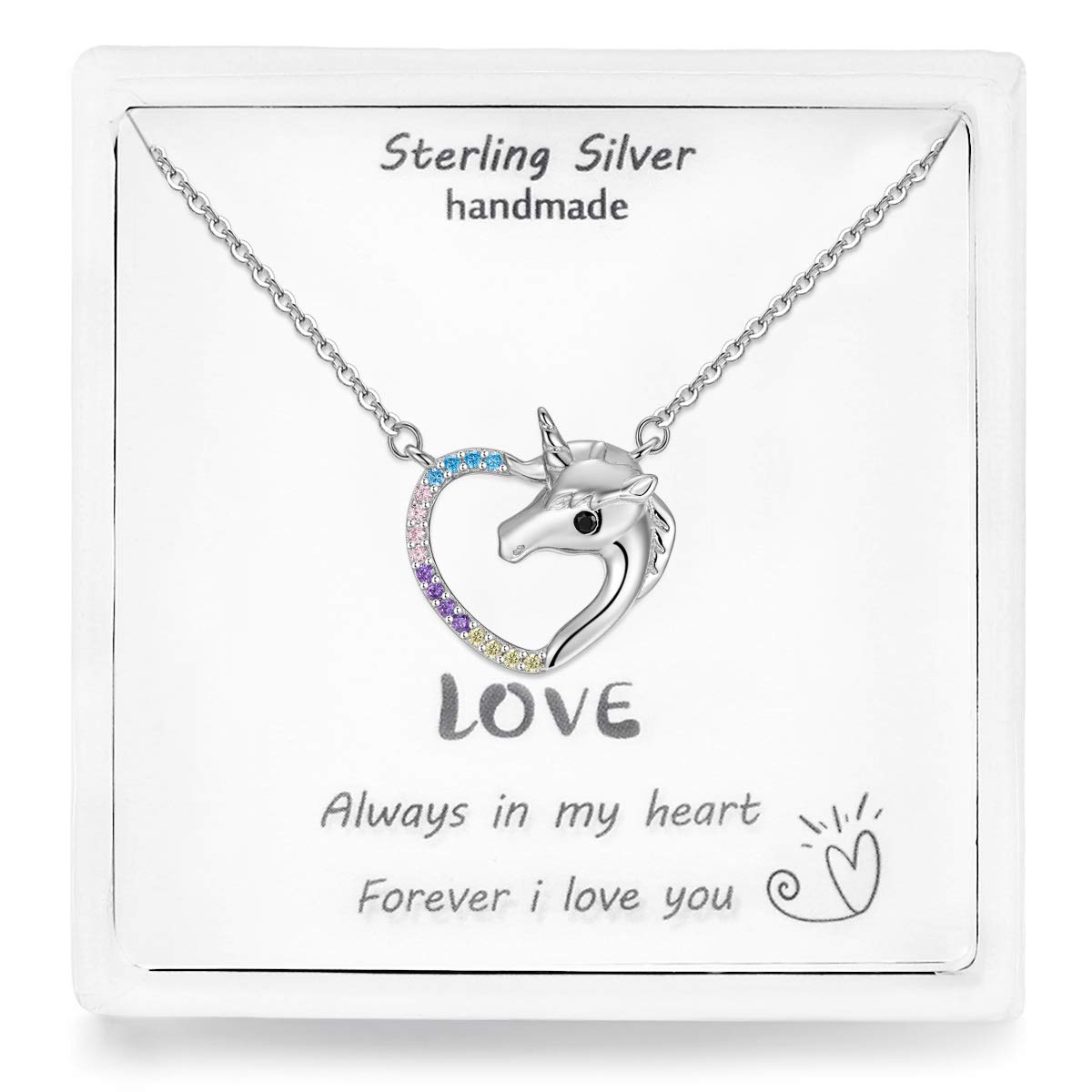 Qings Rainbow Unicorn Necklace, Womens 925 Sterling Silver Heart Shaped Pendant with Colorful Cubic Zircons, 45cm+3cm Adjustable Chain, Exquisite Box, Gift for Girls Mother Christ mas Valentine's Day