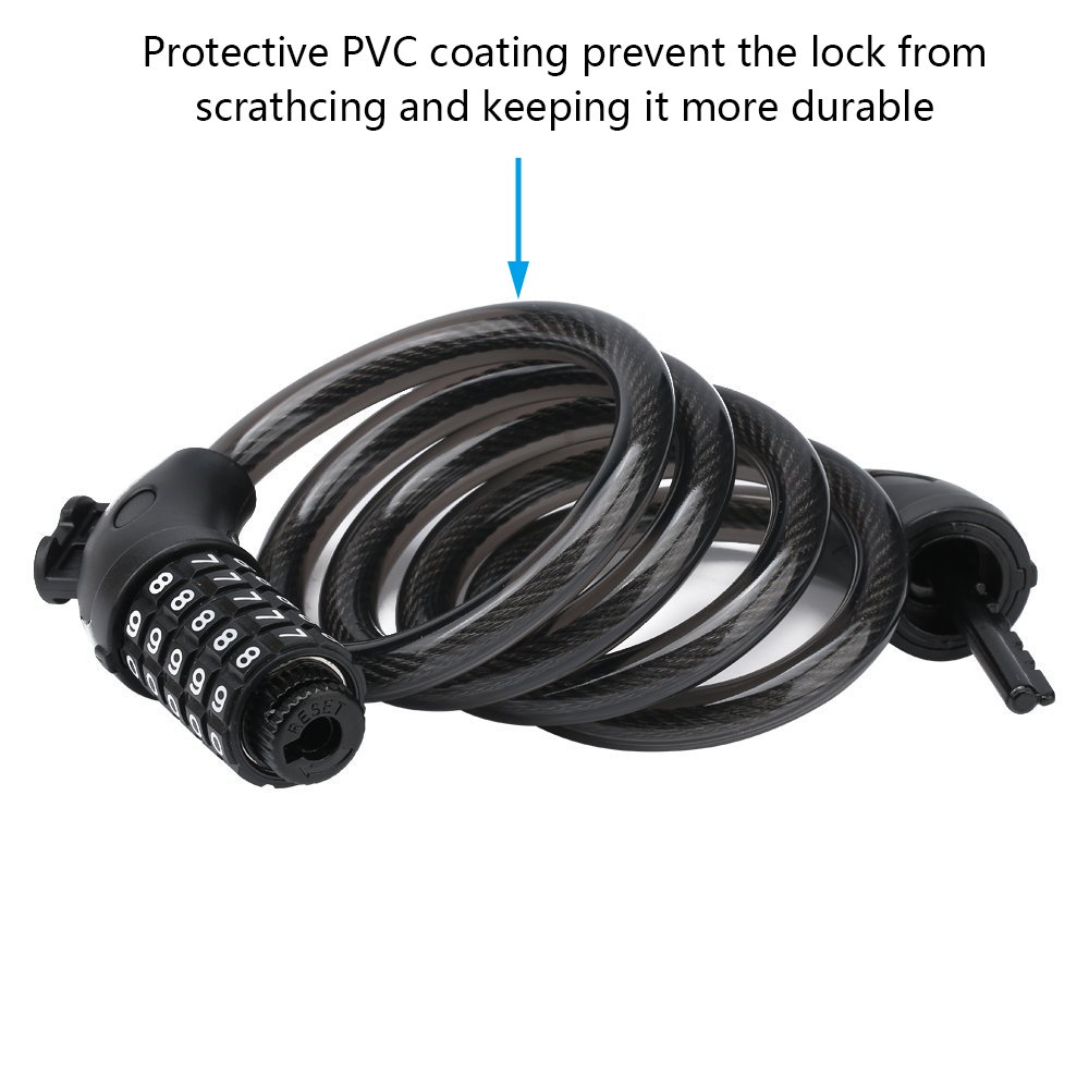 Security Bike Lock Combination Resettable With 5 Digital Code,4 Feet Self Coiling Cable Bike Lock For Mountain Or Road Bike With Complimentary Mounting Bracket
