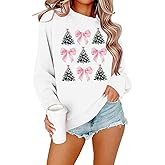 ASTANFY Christmas Tree Sweatshirts Women Christmas Coquette Bow Graphic Pullover Holiday Long Sleeve Tee Tops
