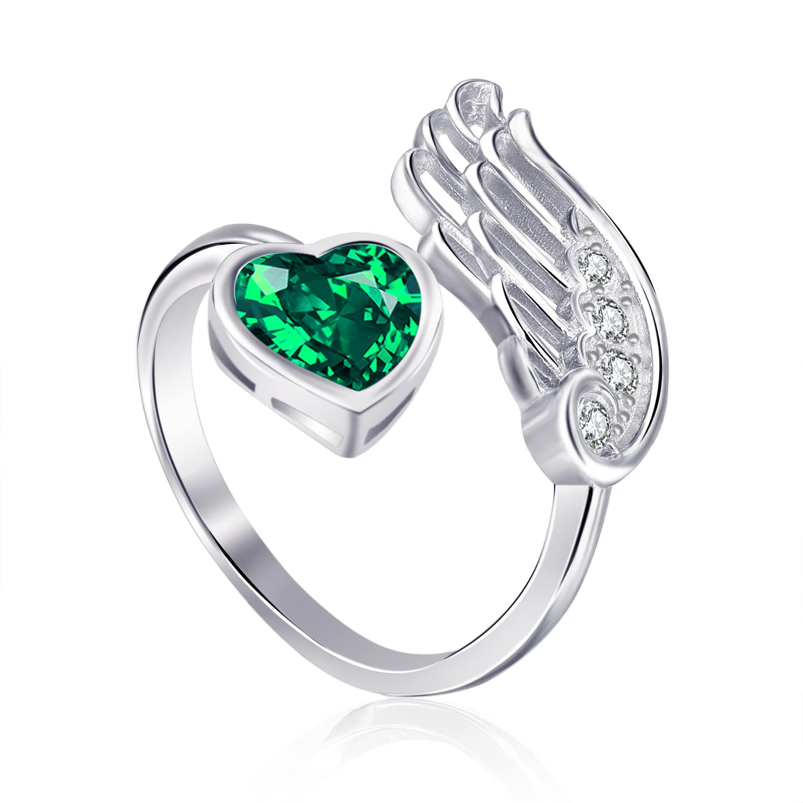 Qings Emerald Green Birthstone Heart Ring for Women 925 Sterling Silver Guardian Angel Wing Feather Open Adjustable Diopside Wedding Promise Rings May Birth Stones Jewellery Gifts for Mom Mother