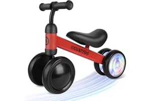 GNAYUIJ Colorful Lighting Baby Balance Bike for 1 Year Old Boy and Girls Gifts,12-24months Kids Toys Toddler 1st Birthday Gifts,No Pedal Infant 4 Wheels Bicycle，Red