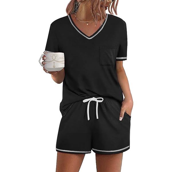 SOLY HUX Women's Cute Cartoon Print Pajama Set – Lettuce Trim Cami & Shorts (Black Moon Letter)