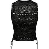 Verdusa Women's Goth Sheer Studded Crop Tank Top Punk Lace Up Distressed Going Out Tops