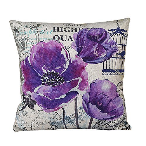 European Style Decorative Purple Flower Cotton Linen Waist Throw Pillow Case Pillow Cover Home Seat Cushion (608560964017)