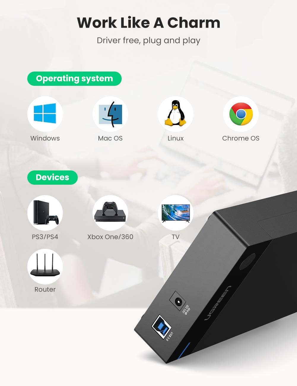 UGREEN External Hard Drive Enclosure for 3.5 2.5 Inch SATA SSD HDD, USB 3.0 to SATA III Hard Drive Case with UASP 12V Power Adapter Compatible with WD, Seagate, Toshiba, Samsung, Hitachi, PS4, Xbox: Computers & Accessories