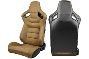 MODILOVER Universal Racing Seats, Adjustable Reclining Bucket Seats with Dual Slider, Suede & Carbon Leather Sport Seat for Driver and Passenger Side, 1 Pair, Brown