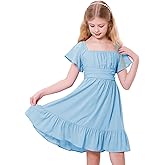 Zando Girls Dresses Tie Back Dress for Girls Ruffle Short Sleeve Dresses Tween Kids Off Shoulder Junior Dress 6-16 Years