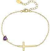 NORBU S925 Cross Bracelet for Women, 18K Gold Plated Sterling Silver Womens Cross Bracelet with Heart Birthstones, Religious Christmas Gift Anniversary Birthday Jewelry for Wife Girlfriend Her